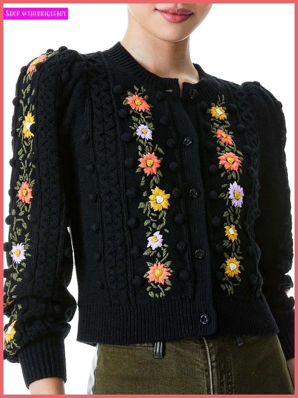 Alice + Olivia Kitty Floral Puff Sleeve Wool Blend Black Cardigan Sweater